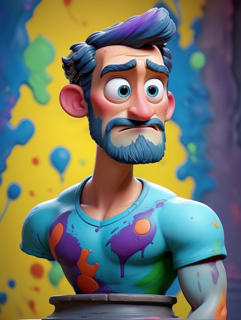 greek male bust with colorful paint, melted, the paint is flowing, aesthetic background