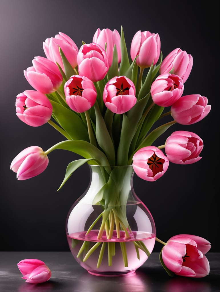 Round transparent glass vase with big bouquet of pink tulips, dark gradient background, sharp focus