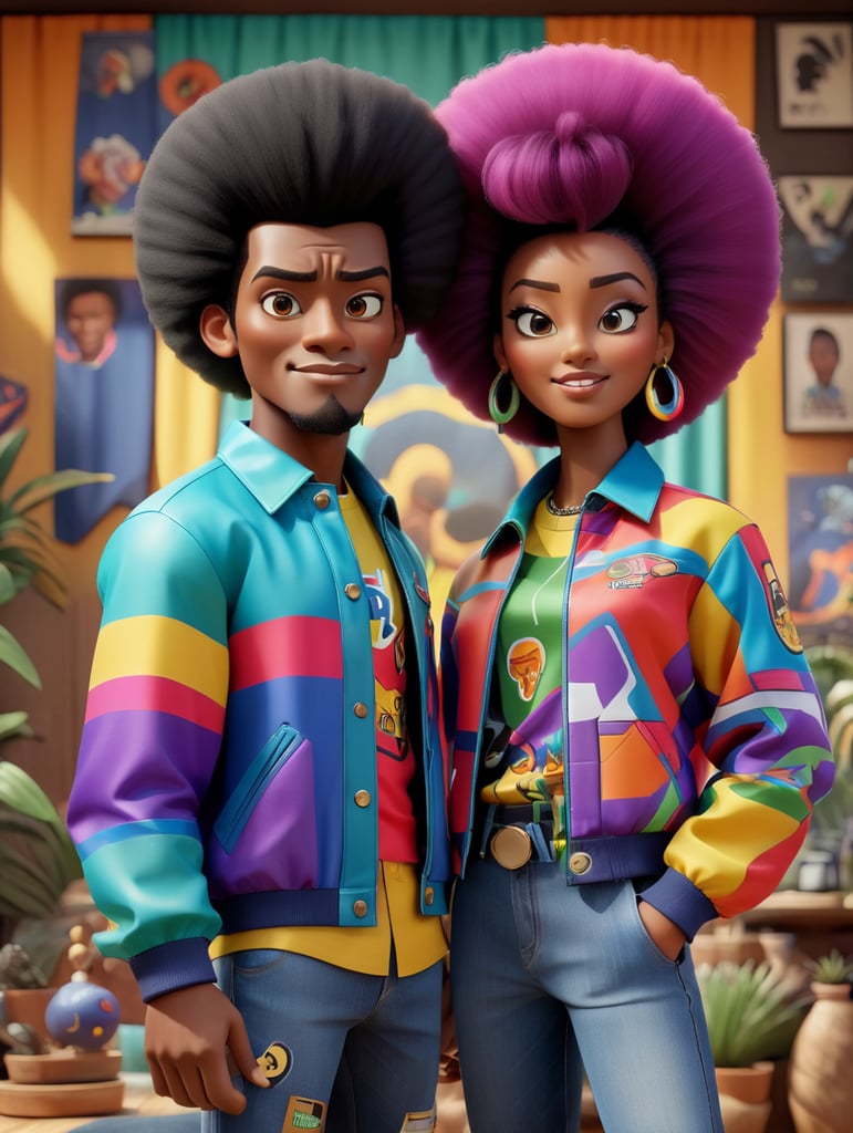 The assemblage has a very naturalistic style, with trademark use of bold colors and brushstrokes. Sportiv man and women, afro dandy, athletic shape, 80's afrobeat, custom made jacket african shirt, colorful fabric, african curtain, fashion, ebony, black, mannequin, 3d model, couple, centered image