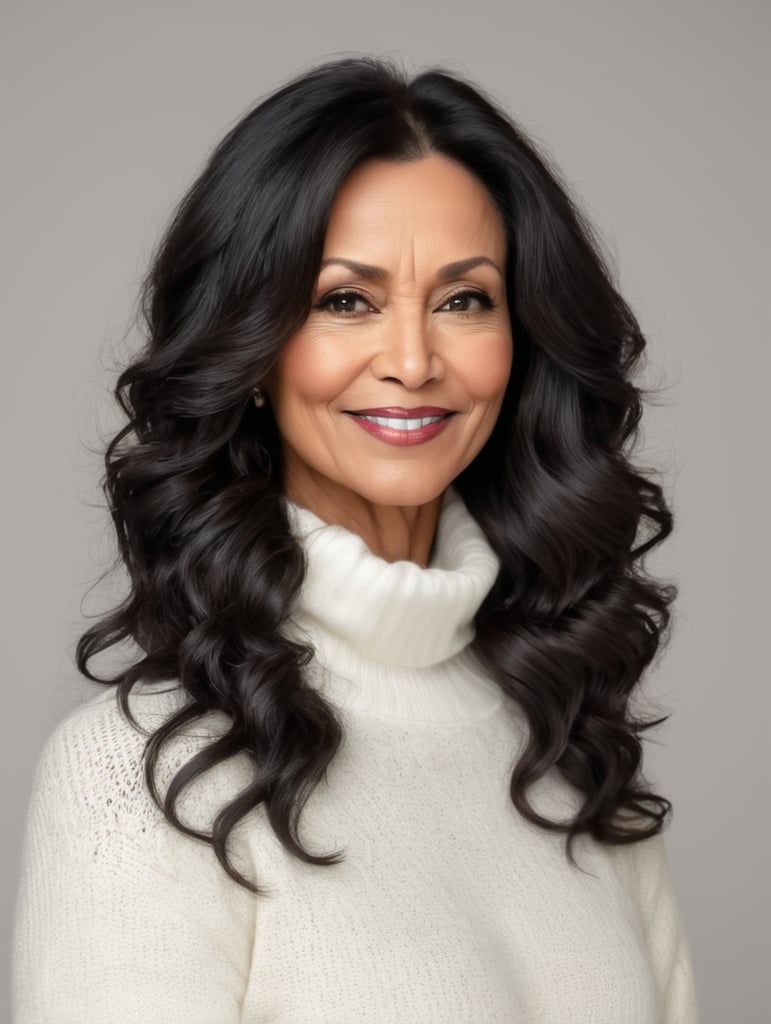 woman middle aged black long wavy hair white sweater close up half body portrait mature facial expression neutral
