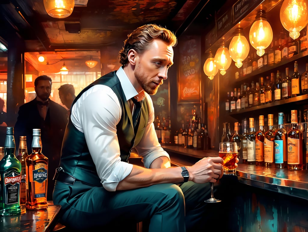 Tom Hiddleston down on his luck drinking scotch in a sleazy bar