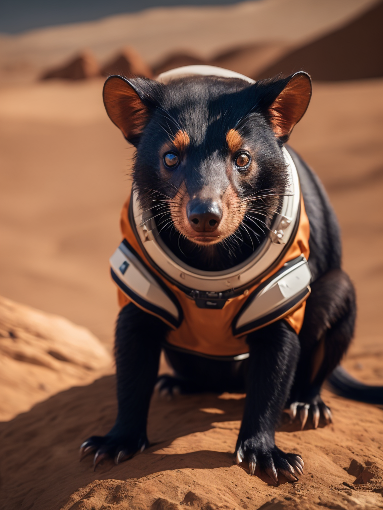 A tasmanian devil in astronaut costume on the ground of the planet mars