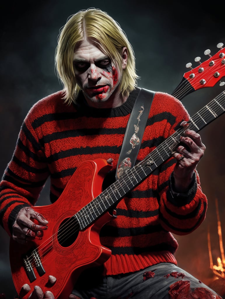 Kurt Cobain as a zombie wearing a red sweater with thick black stipes, playing a guitar, Halloween style, Vivid saturated colors, Contrast color