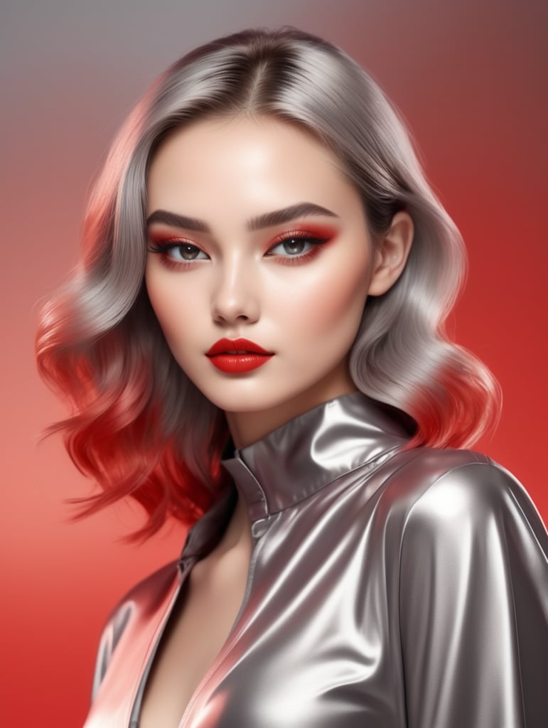 En fondo de colores degrade metalizados desde el rojo al gris, figura principal mujer joven posando como para propaganda de cosméticos