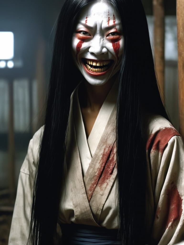 Kuchisake-onna smiling with Slit-Mouthed and razor sharp teeth Rotting flesh ,hored of flesh horror, ironic, creepy, scary caricature, satire, hyperdetailed illustration by Brian Bolland and iconic, hyperdetailed, digital illustration by Derek Riggs, (iconic, hyperdetailed, haunting digital illustration by Zdzisław Beksiński and Peter Gric. ) and artist Vincent Locke