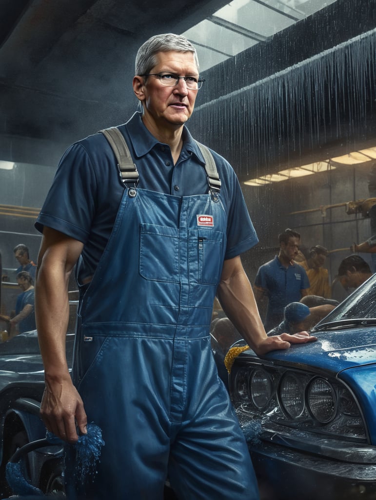 Tim Cook as carwash employee in a blue overall