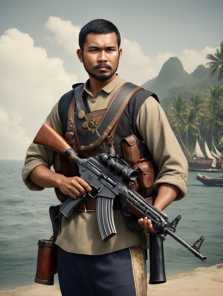 photograph of 15 century malay naval kingdom personal, with his AK47 asssault riffle. HD quality, hyper realistic.