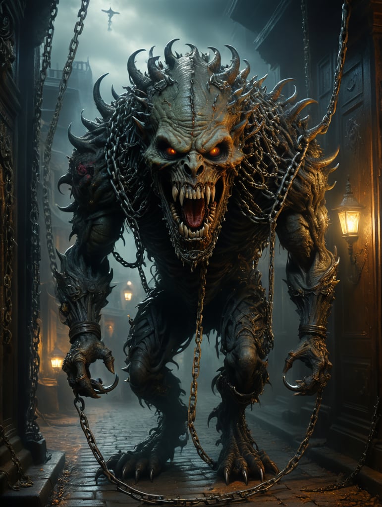 Freaky creature on chain leash. Macabre. Scary. Epic cinematic brilliant stunning intricate meticulously detailed dramatic atmospheric maximalist digital matte painting