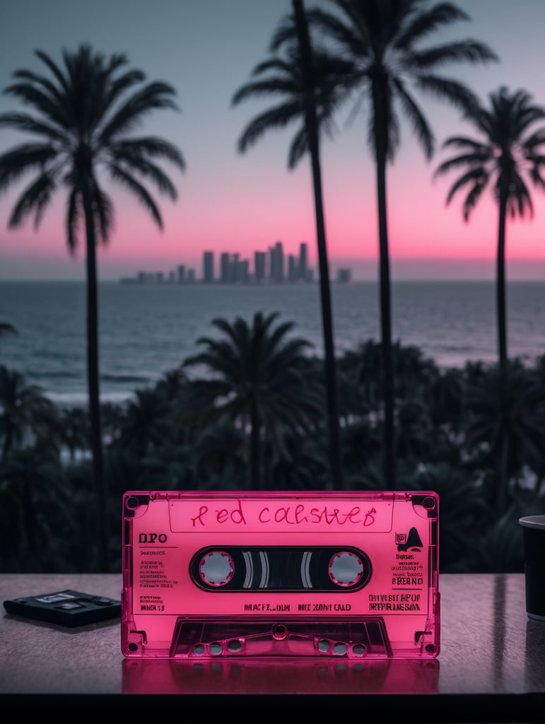 pink cassette tape with the words red cups and palm trees written on it. on a table with Miami Background