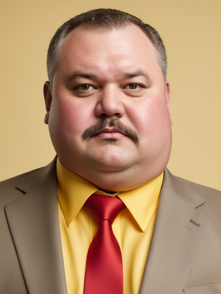 fat man wearing yellow shirt and red Necktie