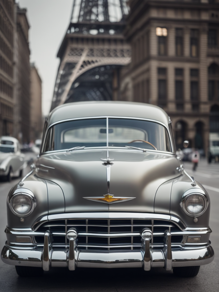 1952 Gray Chevrolet, with the Eiffel Tower in the background, surrealistic, landscape, muted tones