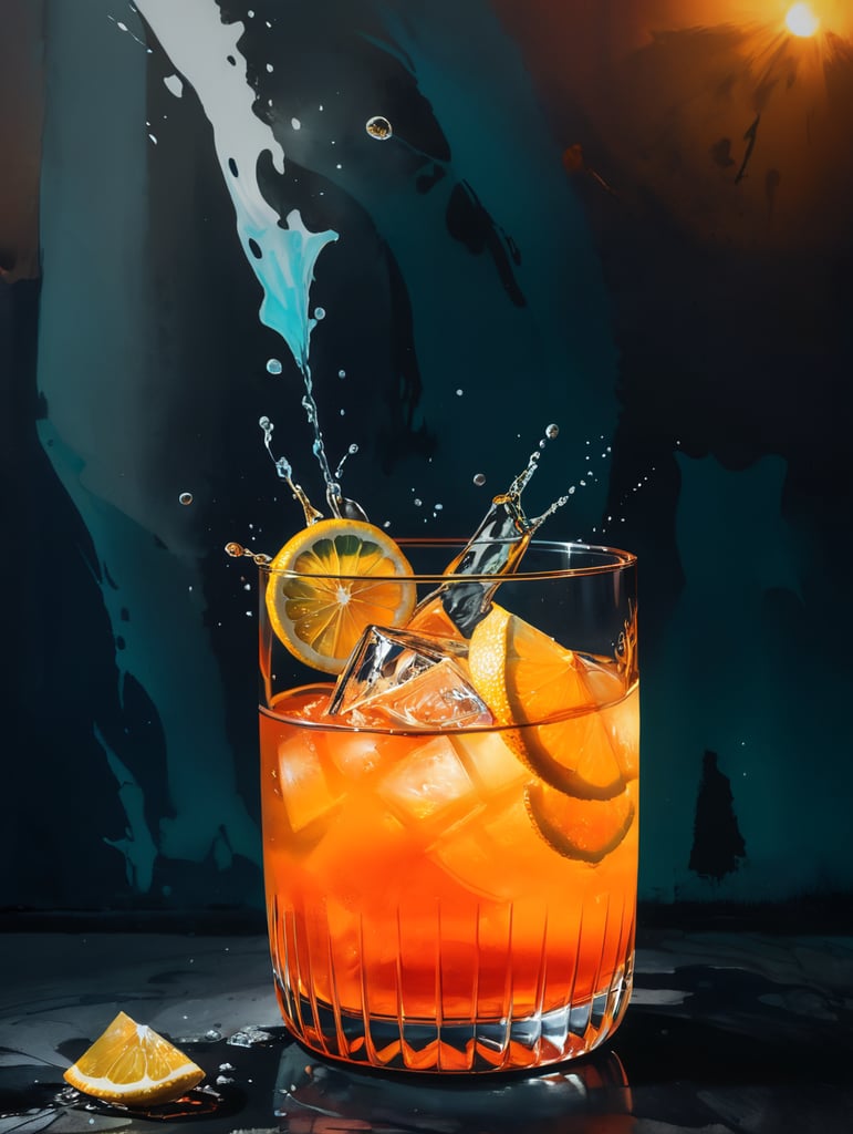 action shot of a bright orange gin cocktail with slice of dried lemon, burning flame on rim