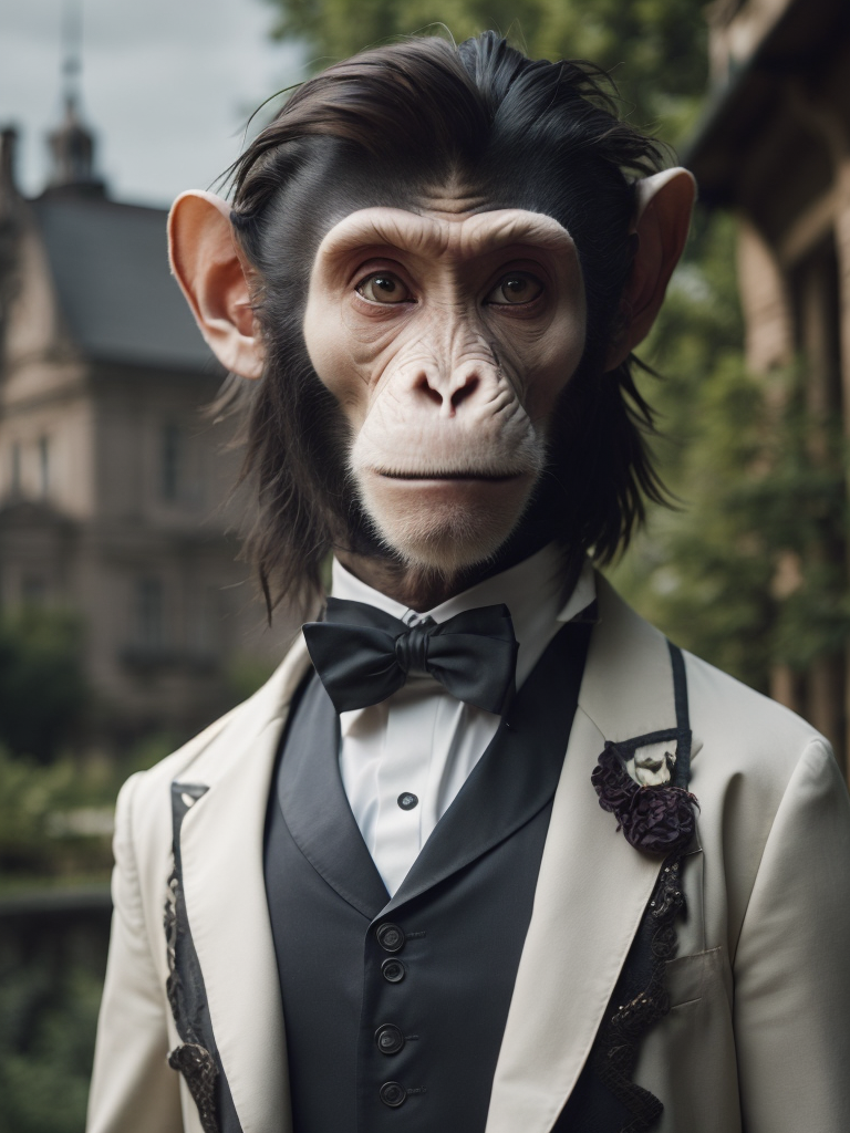 Portrait of a monkey wearing a white tuxedo with a victorian house on the far background