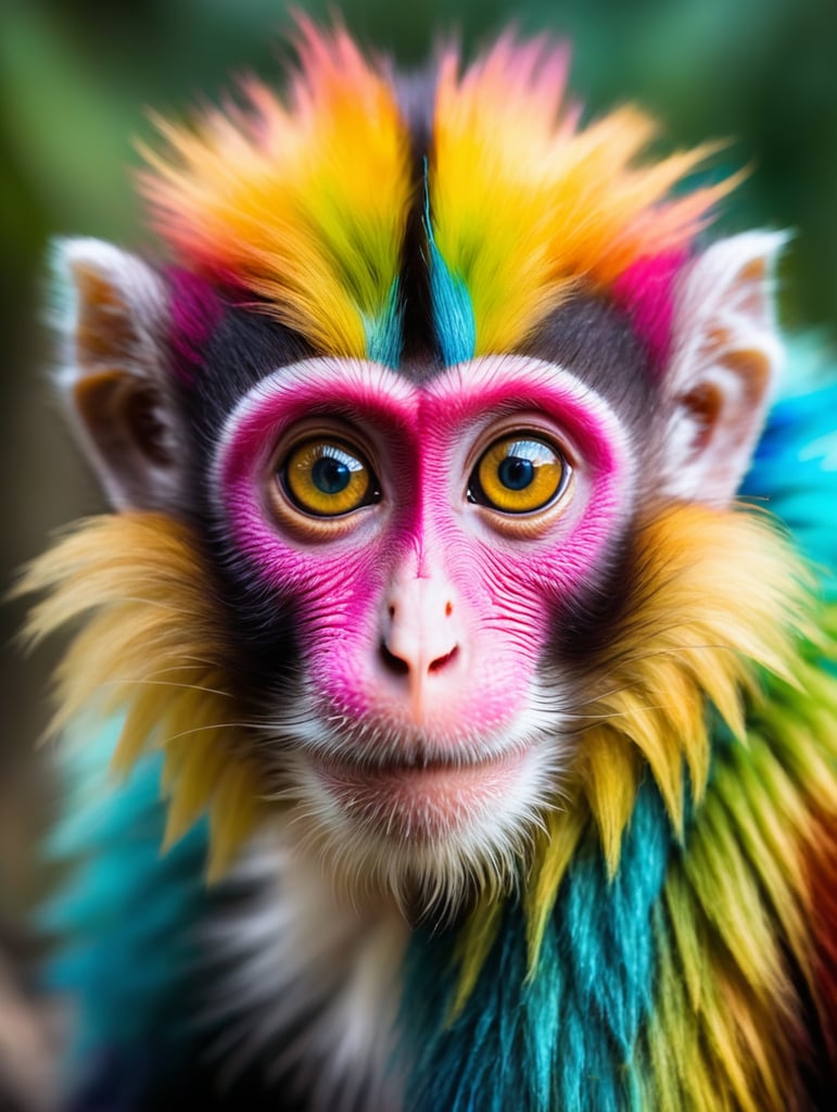 poto portrait makhluk berwarna-warni yang aneh tapi mempesona yang mana manusia akan menyebutnya monyet purba jika mereka pernah melihatnya, makhluk ini memiliki mata besar yang tidak normal tetapi sangat lucu, memiliki campuran bulu berwarna cerah dengan expresi seolah melamun