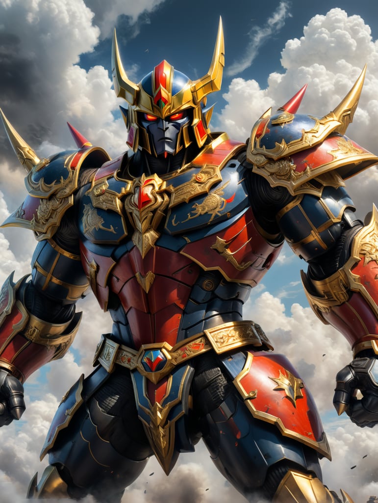 Goldorak standing in battle pose on white background with details of clouds in the background, anime style