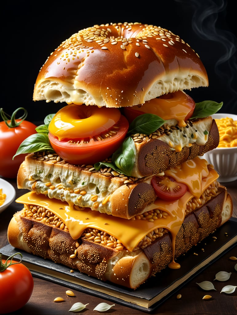 A stunning interpretation of extreme book sandwich, golden bun with seeds on top, hard cover books with title engraved with gold layered with letucce, tomato slice, mayonaise, melting cheddar, golden bun underneath, highly detailed and realistic