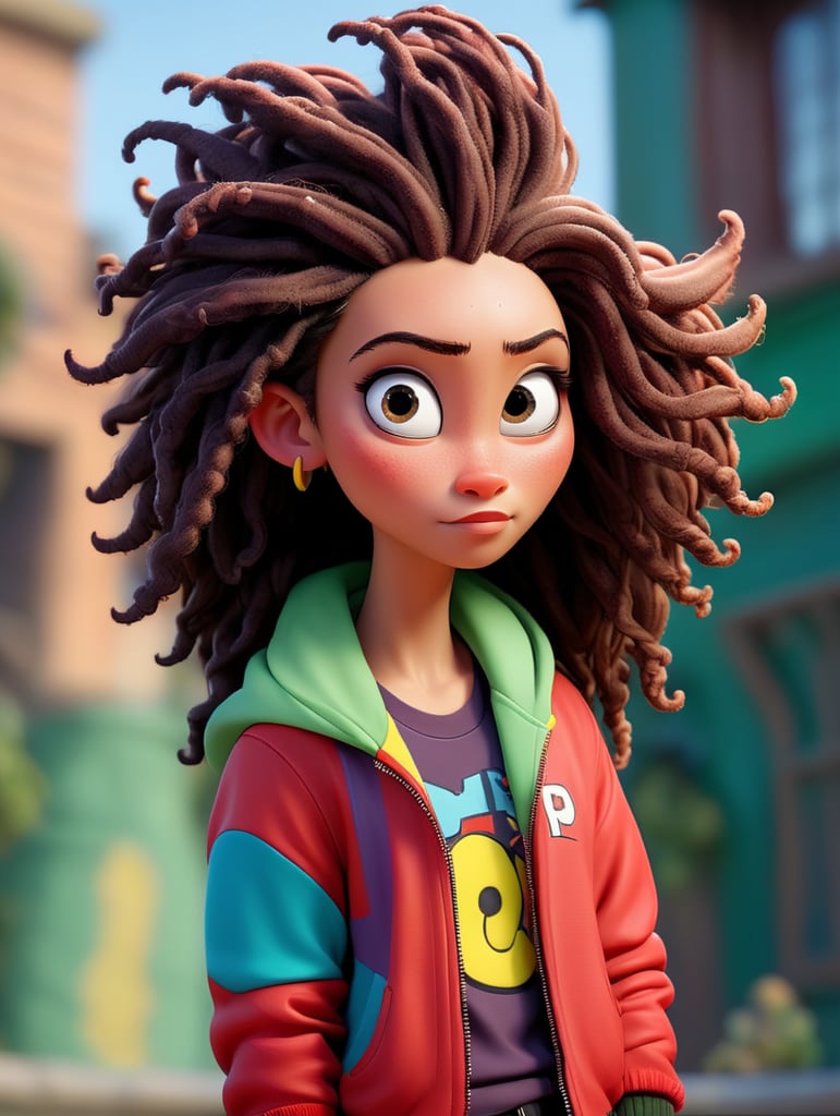 a (((women))) with dreadlocks on his head is wearing a colored jersey and a red bomber jacket