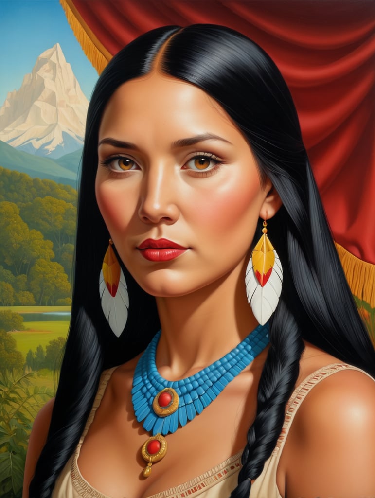 Pocahontas, Painting, Oil, Portrait, USA, style of Alex Gross