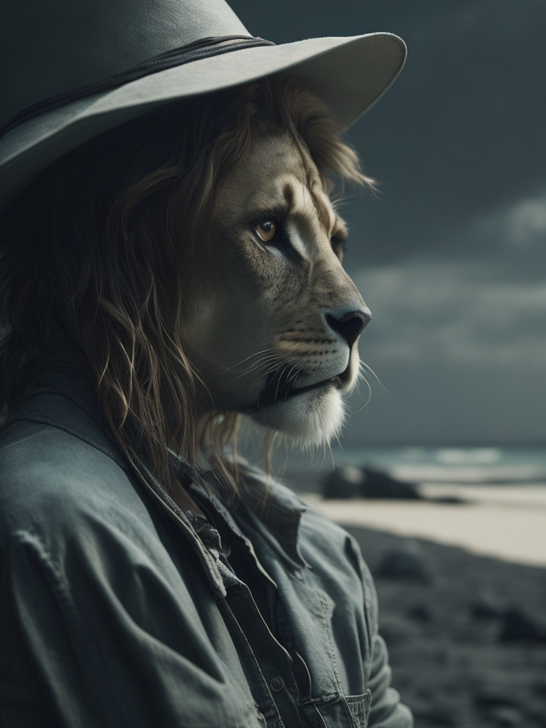 lion in profile, standing toward the camera, in a Mexican sobrero, wearing a Hawaiian shirt, with the beach in the background —v 5 —q 2 —s 250