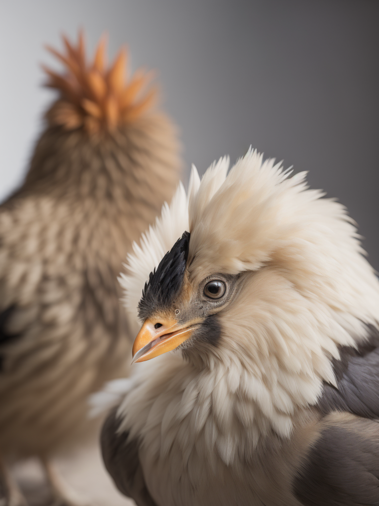 silkie bantam ( chicken) feeding on small amount grain. white background