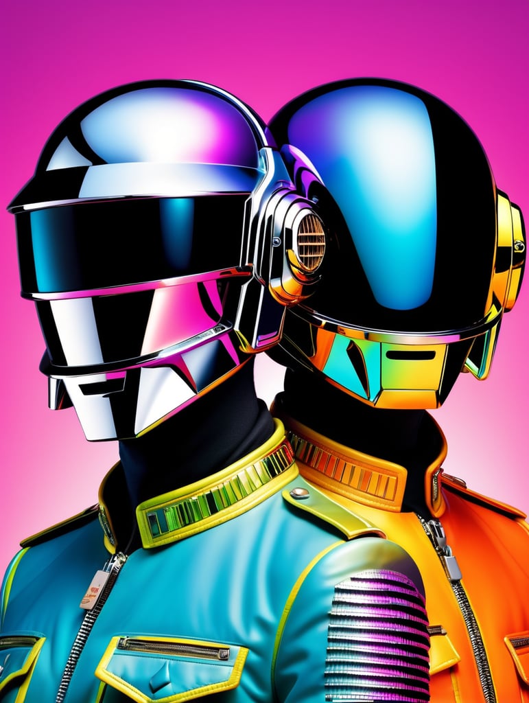 Portrait of daft punk, ultra realism, super detailed, neon colors, magazine cover, professional shot, magazine photography, bright saturated colors, sharp focus, highly detailed