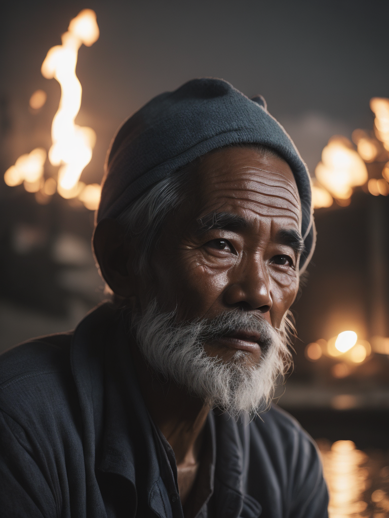 A close-up of a Vietnamese old man's face, illuminated by the light of a fire, with a backdrop of a dirty river and a shanty town.