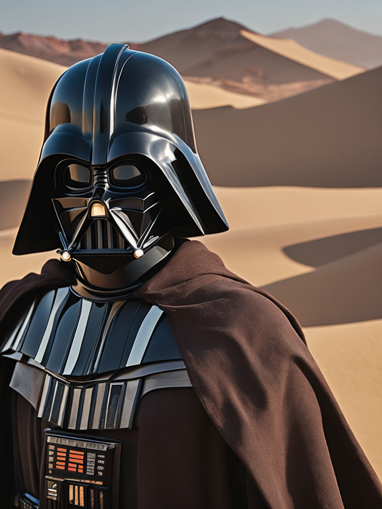 Portrait of Darth Vader in Mad Max style, Desert with dunes in the background, rusty metal, metal spikes