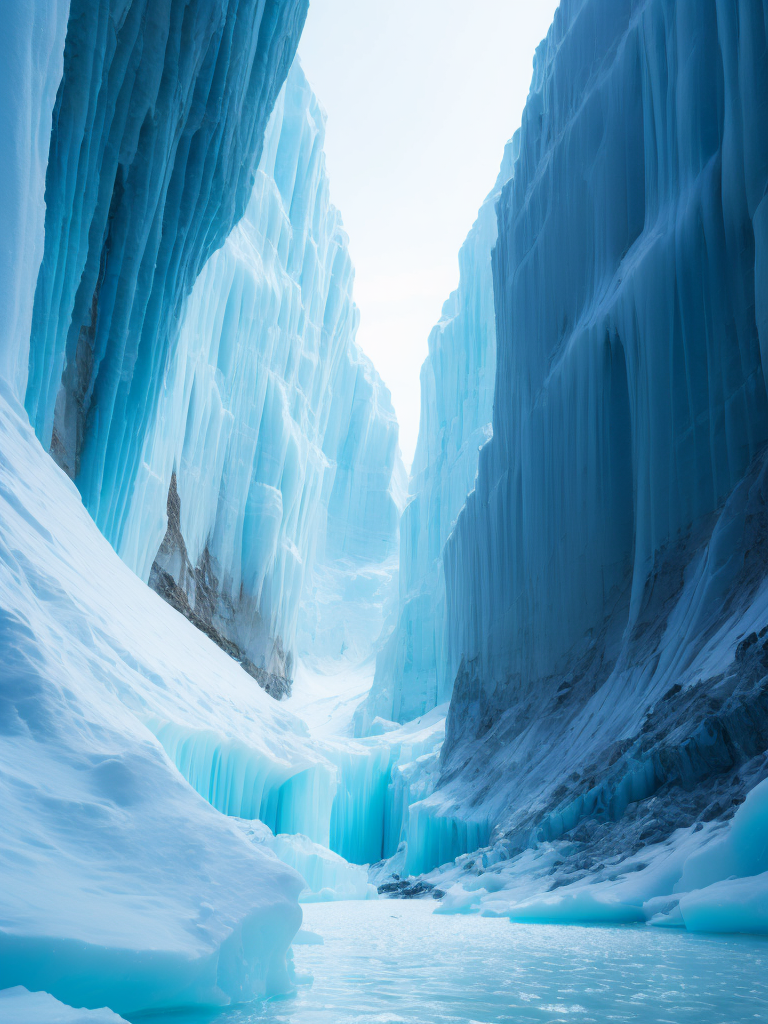 An ice canyon in antarctica, deep colors, amazing view, sunny weather, blocks of ice, high quality details
