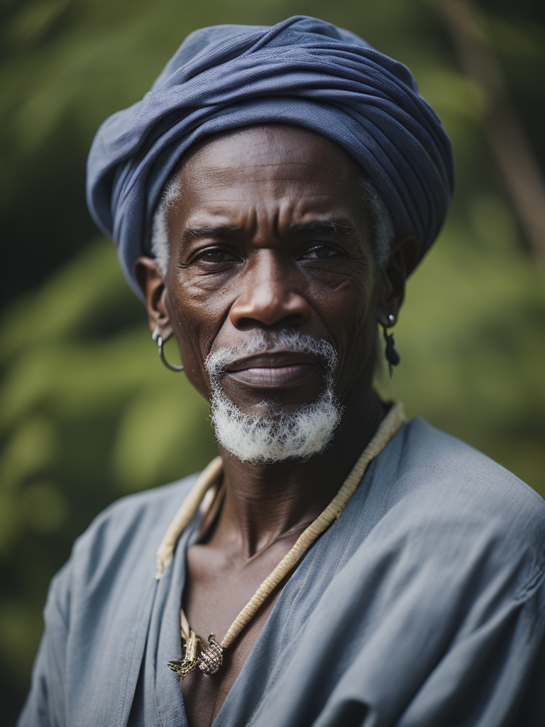 Jamaica's Old Man, portrait, realistic image, lots of details, wearing turban