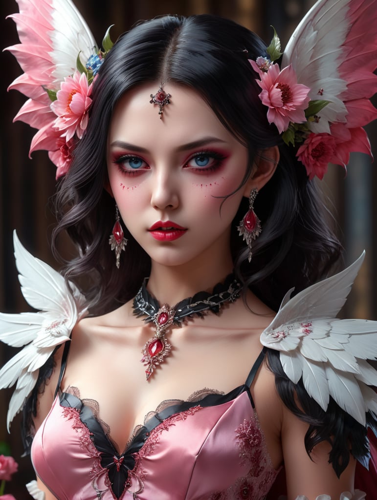 an anime vampire, pink dress with a flower design, black hair, one eye pink-one eye blue, white wings, red devil horns, a girl