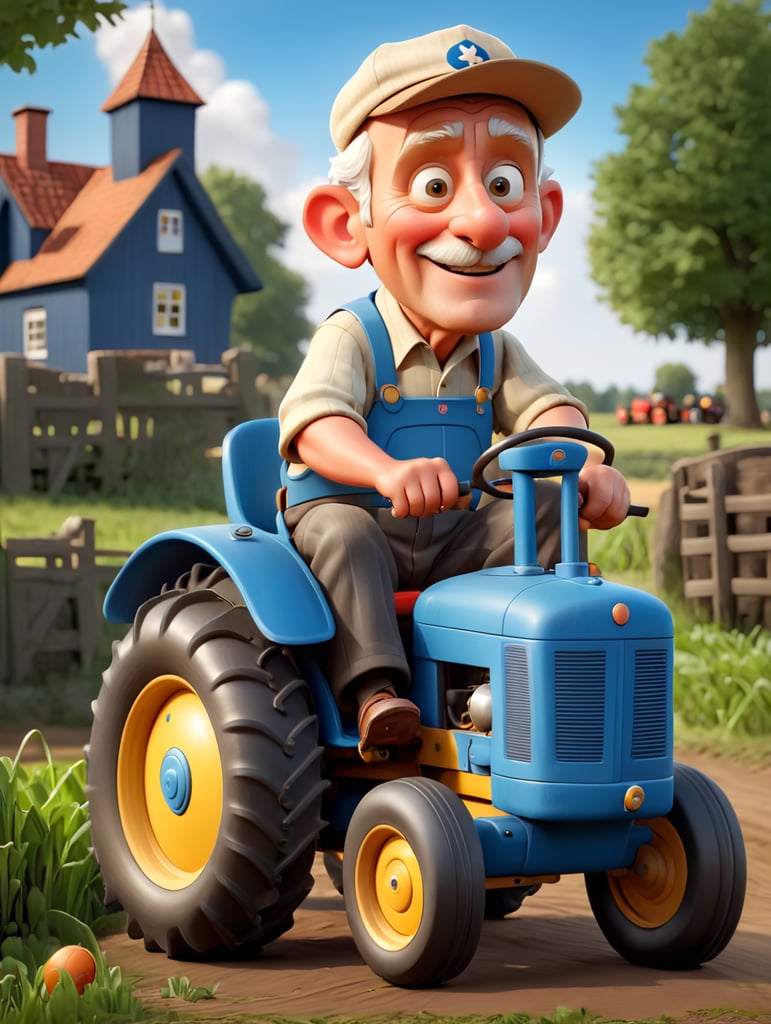 Een hele oude boer die op een hele kleine speelgoed tractor rijdt in Nederland