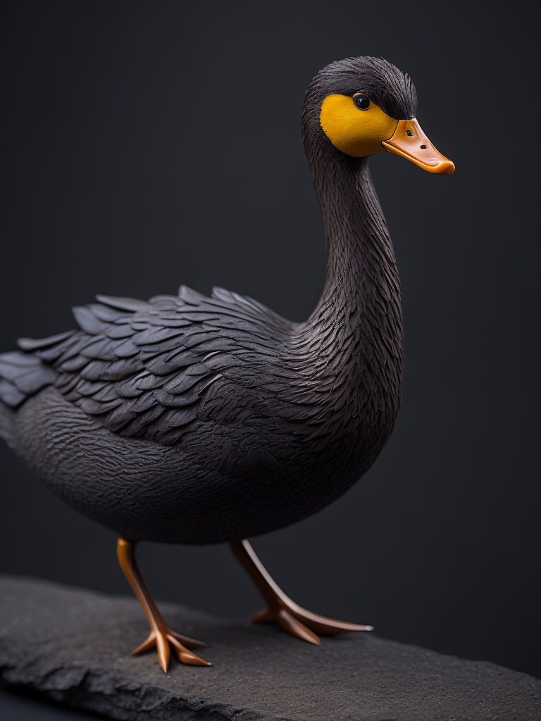a duck carved from the dark reed wood, detailed, deep carving, handcrafted
