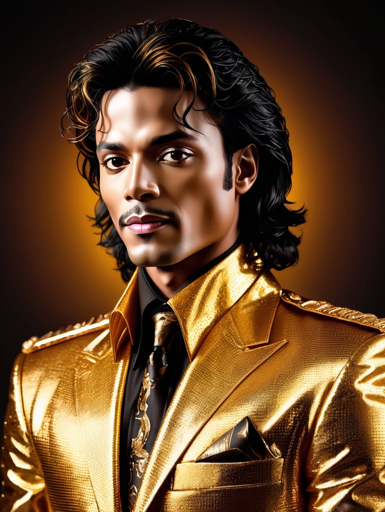 Portrait of Michael Jackson dressed in golden chrome suit, dark gradient background, Vivid saturated colors, Contrast light, studio photo, professional photo, Detailed image, detailed face