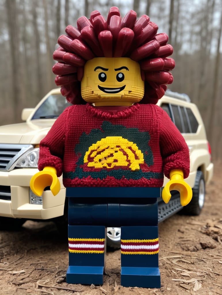 Fat big hair Lego with wrecked Lexus LX470 wearing South Carolina game cocks sweater