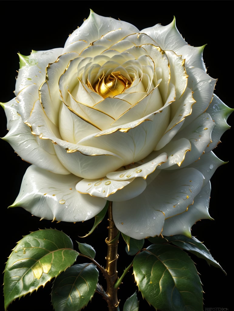 A large white rose with petals outlined in gold with a glistening green stem and big golden thorns