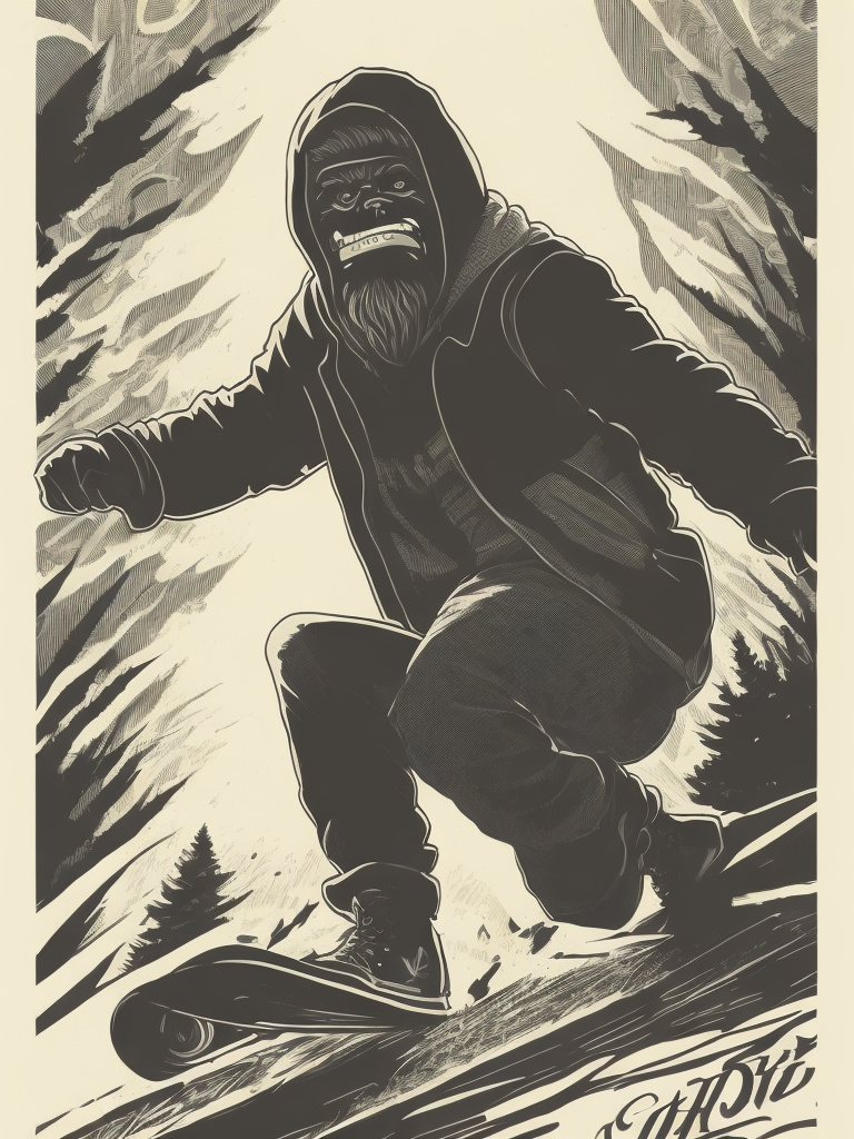 शेपर्ड फेयरी की शैली में सड़क शैली की ग्राफिक कला जिसमें सैस्क्वाच स्केटबोर्डिंग का चित्रण किया गया है