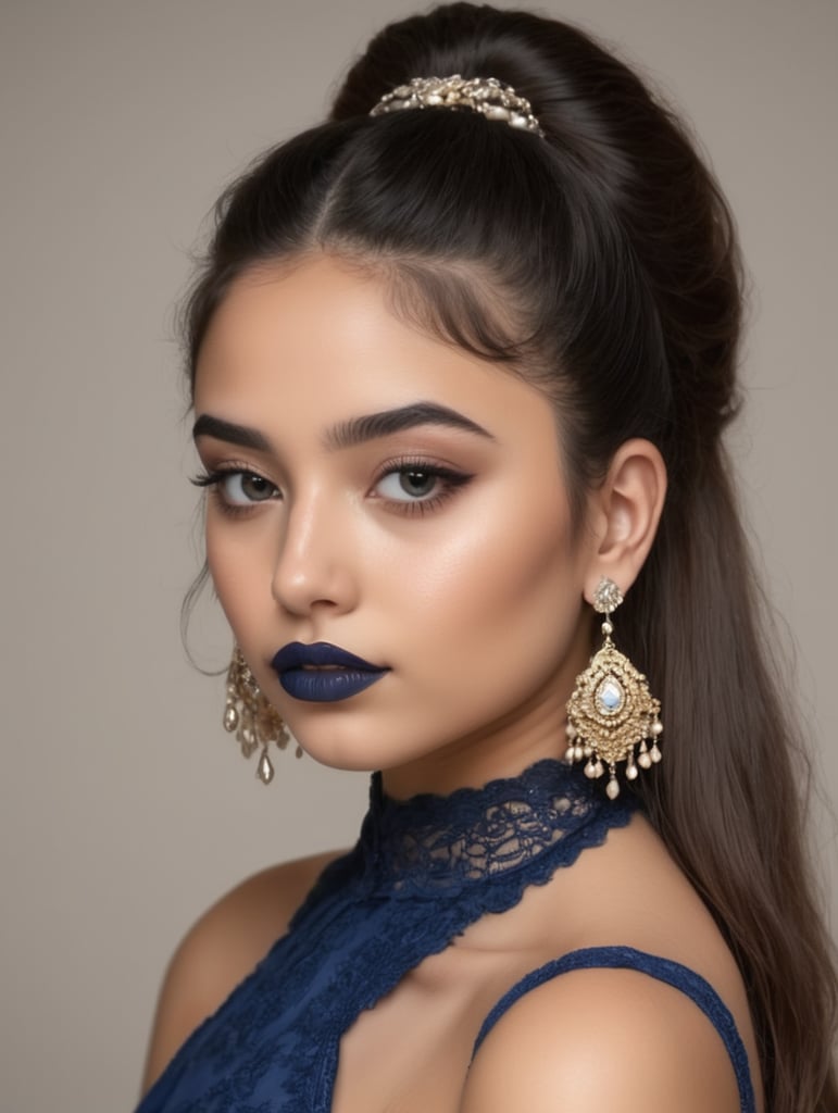 Busty Syrian teen in darkest blue lipstick, earings