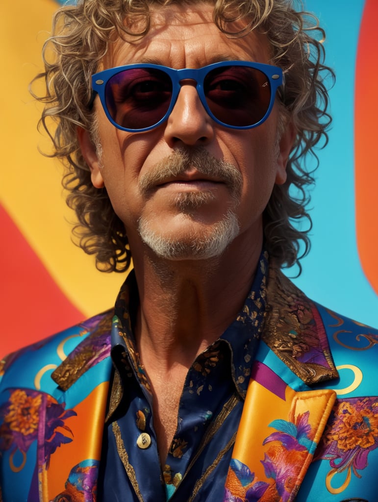 robert plant wearing a brightly patterned jacket and wayfarer glasses, Vivid saturated colors, Contrast color