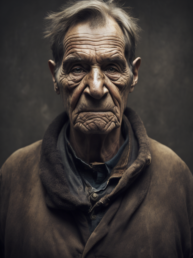 портрет старого кочегара, лицо в саже, грязная одежда, глубокие морщины на лице