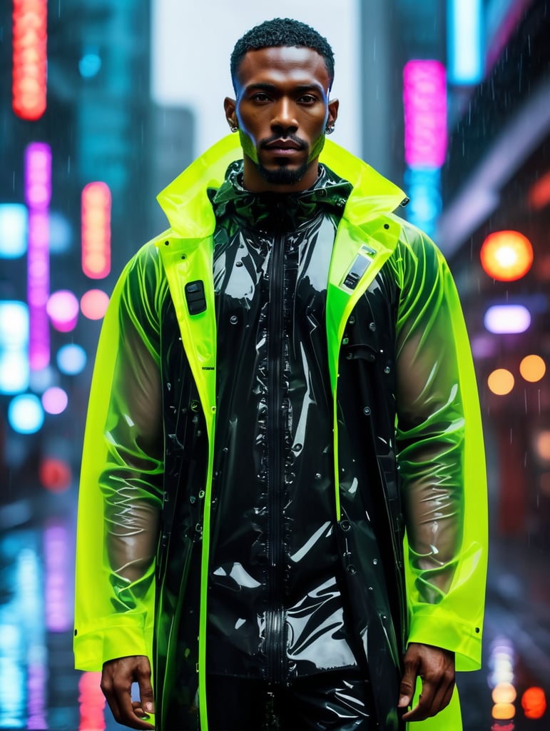 Cyborg black man wearing transparent raincoat, cyborg parts, rainy dark and neon tokio photo shoot, cyberpunk style, bright colours, high contrast, contrast lights