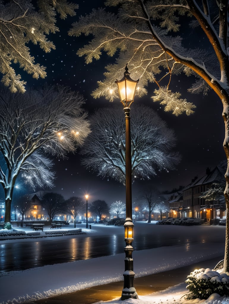 Transform a serene night scene into a magical winter wonderland by adding delicate snowflakes gently falling from the sky and deposited on the tree shining from a street light. Capture the essence of a peaceful winter evening by overlaying your photo with a flurry of snow, bringing a touch of enchantment and tranquility to the scene