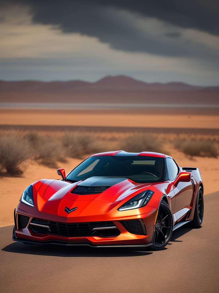 red corvette stingray in the hot dessert. Low angle, photorealistic, highly detailed