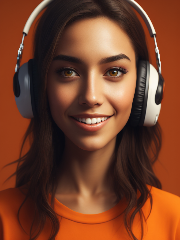 Pretty girl listening to music with calm sweet smile and big eyes with orange background