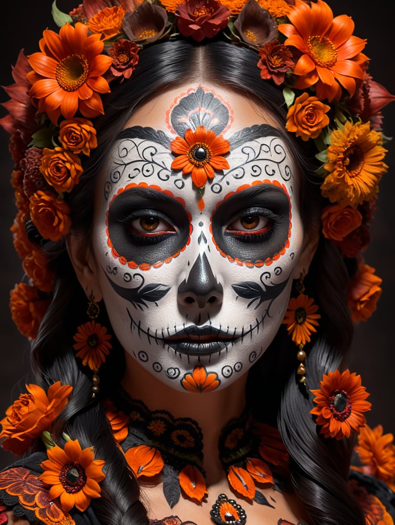 black, burnt orange, mexican, day of the dead make up, full body with flowing dress, flowers and chillis 3d style