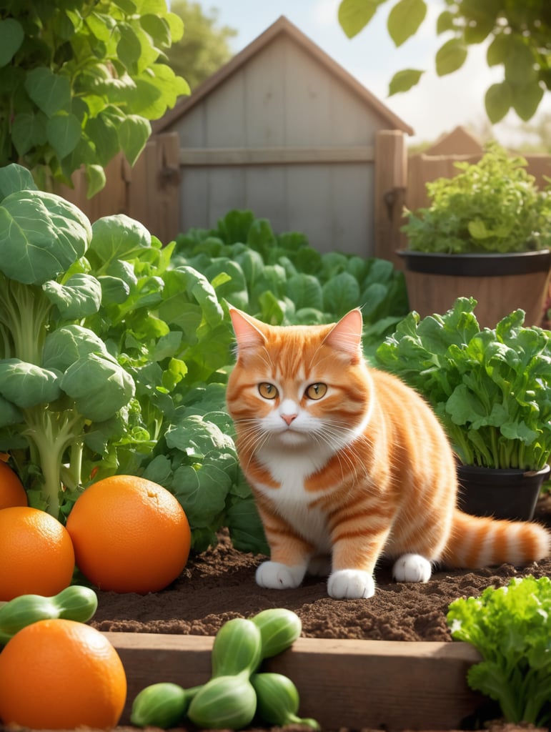 Disney pixar inspired movie poster with the title whiskerpaws in the image a plump orange tabby cat tending a vegetable garden