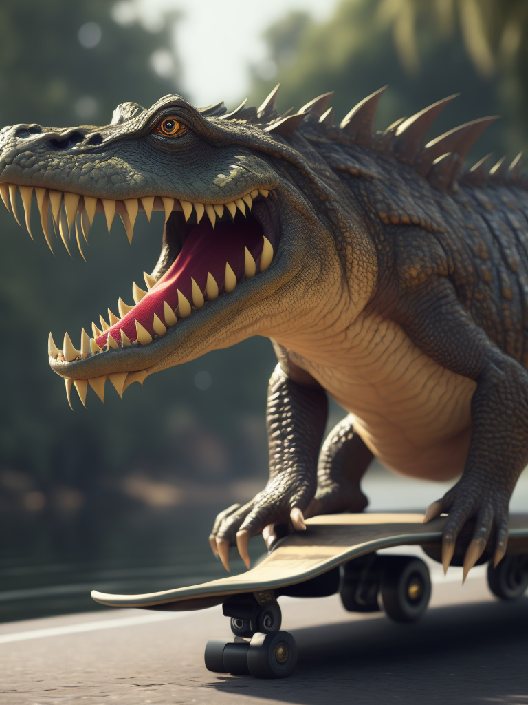 crocodile wearing sneakers, shorts, rides a skateboard, Depth of field, Incredibly high detail