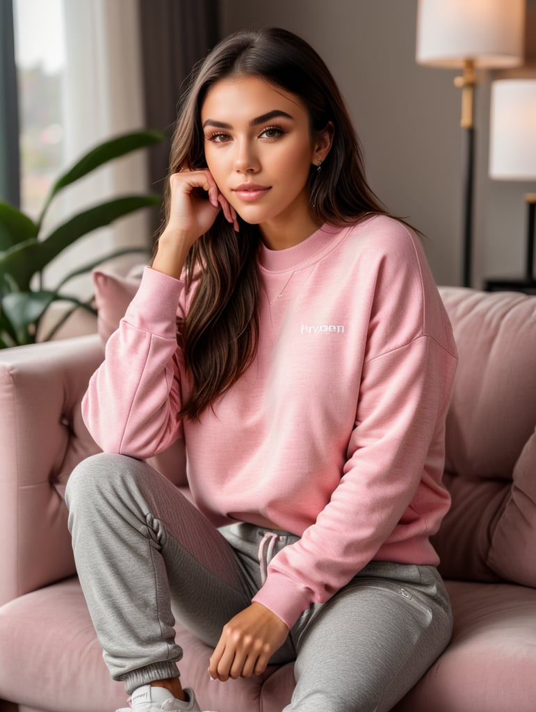 Madison beer , sitting down , wearing grey joggers , pink sweater , couch , high quality , looking at viewer