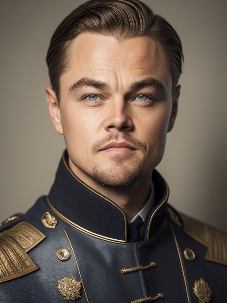 Portrait of Leonardo DiCaprio as a 17th century ship captain, Detailed uniform, Brass buttons, gradient background, contrasting light, detailed face, muted tones