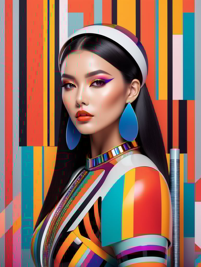 A beautiful female multicoloured pop sleek futuristic with huge headpiece center piece, clean makeup, with depth of field, captured in vivid colors, minimalist posterstyle