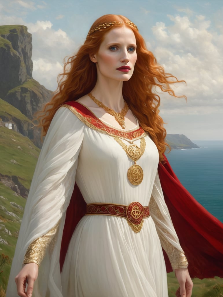 A woman that looks like actress Jessica Chastain is a ancient Celtic queen, wearing a white dress with golden Celtic ornaments and a red cape. She has a long red hair and is on a open space on the top of a hill looking to the Irish sea. Highly detailed Alma Tadema oil painting style.